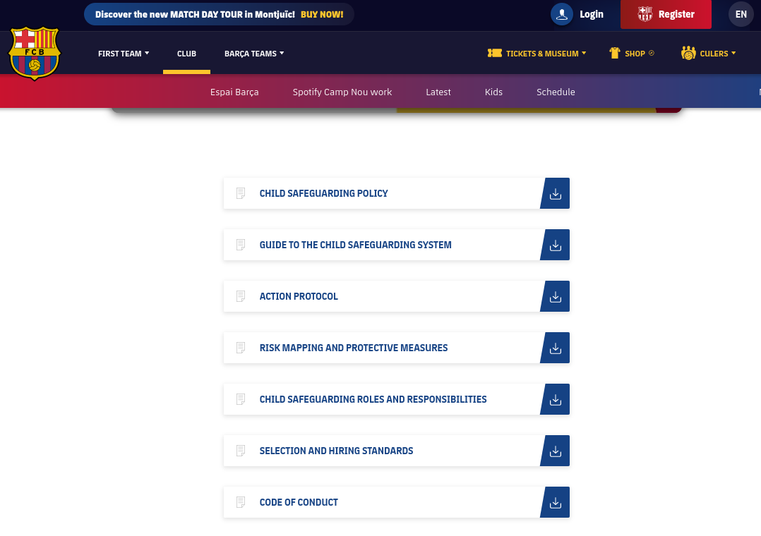 Captura de pantalla de la página oficial del FC Barcelona donde se pueden descargar los materiales del Sistema de Protección de Infancia en inglés