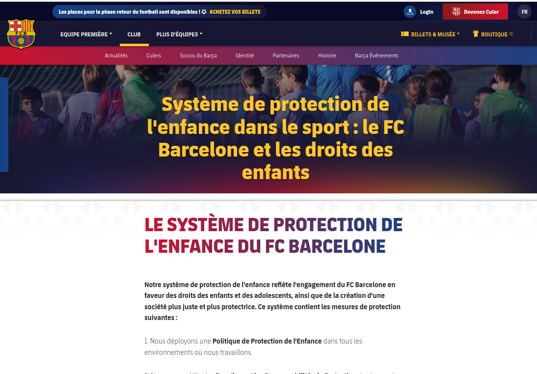 Captura de pantalla de la página oficial del FC Barcelona donde se pueden descargar los materiales del Sistema de Protección de Infancia