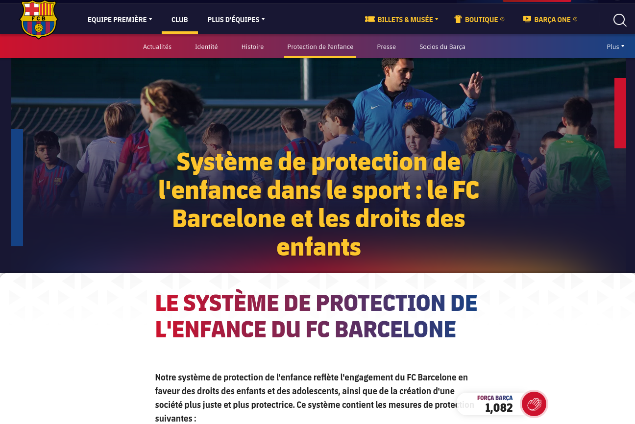 Captura de pantalla de la página oficial del FC Barcelona donde se pueden descargar los materiales del Sistema de Protección de Infancia en francés