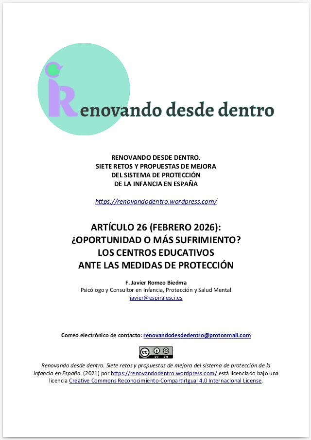 Portada del artículo "¿Oportunidad o más sufrimiento? Los centros educativos ante las medidas de protección" (título), la autoría de F. Javier Romeo y el logotipo de la Iniciativa "Renovando desde dentro"
